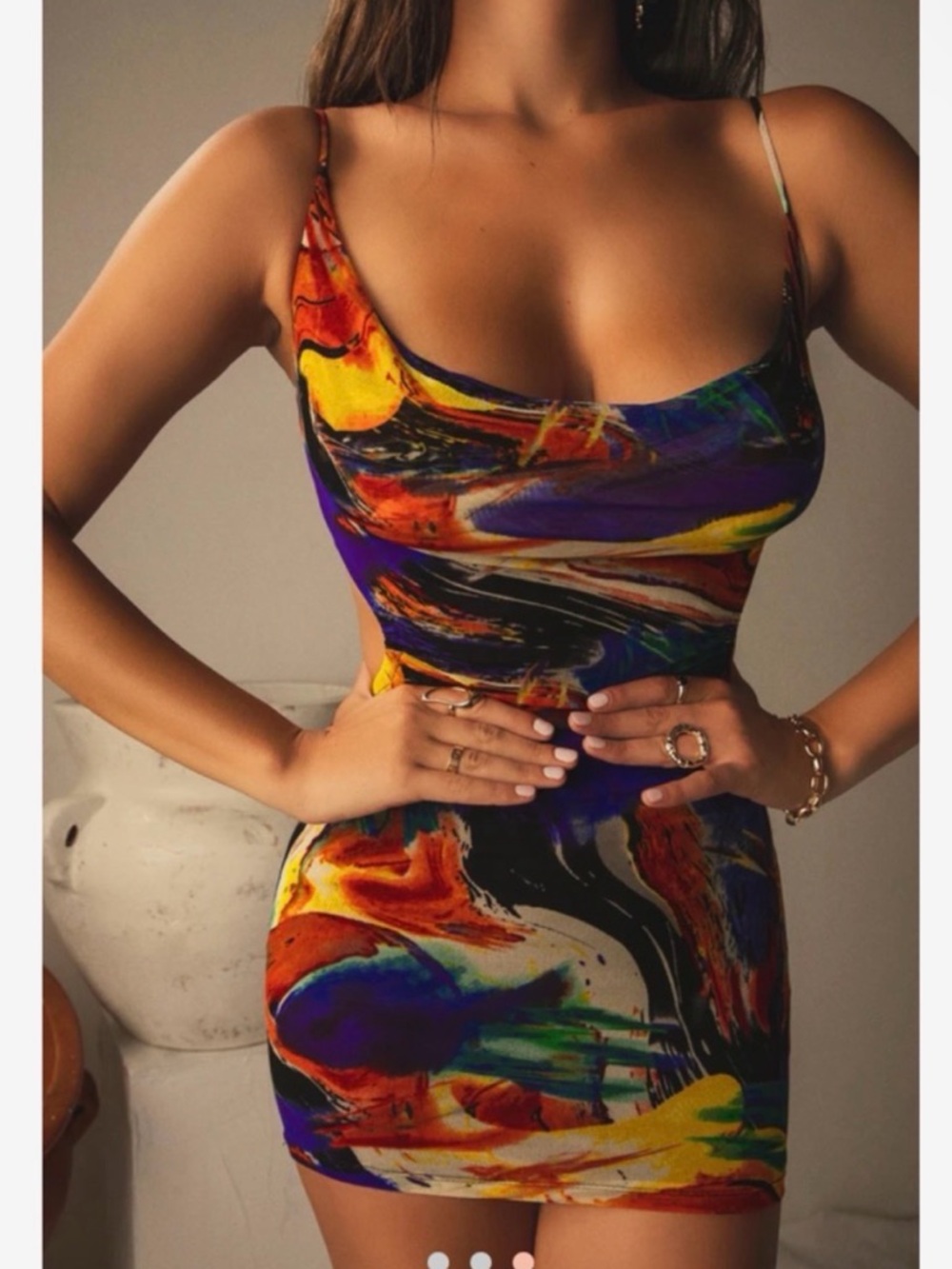 Miss Lola - Cocktails in Cabo - Abstract Marble Print Cutout Dress - Multicolor